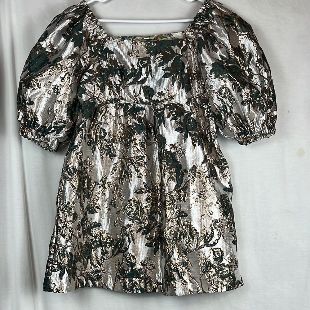 Umgee Metallic Jacquard Puff Sleeve Dress